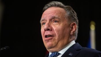 Premiers of Quebec, Francois Legault speaks during a media availability at a meeting of Premiers from across Canada in Ottawa on Feb. 7, 2023, ahead of a meeting with the Prime Minister to discuss a healthcare deal.