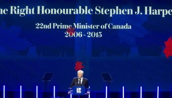 Former Prime Minister Stephen Harper speaks at a gala celebrating the 20th anniversary of his government on  Feb. 4, 2026. The Hill Times photograph by Andrew Meade