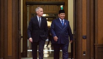 Prime Minister Mark Carney and Indonesian President excellency Prabowo Sugianto hold a signing ceremony in West Block on  Sept. 24, 2025, to sign a comprehensive economic partnership agreement and defence cooperation agreement. The Hill Times photograph by Andrew Meade