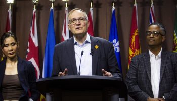 Former NDP MP Peter Julian holds a press conference in West Block on Sept. 25, 2025, to speak about a NDP Renwal, agrassroots organization doing outreach to revitalize the party. The Hill Times photograph by Andrew Meade