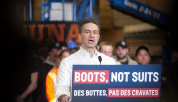 Conservative Party leader Pierre Poilievre makes an annoucenment at LiUNA local 527 training centre in Nepean, Ont. on March 21, 2025, to support training 350 000 new trades workers . The Hill Times photograph by Andrew Meade