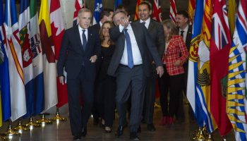 Prime Minister Mark Carney, Minister of Transport and Internal Trade Chrystia Freeland and Premier of Quebec Francois Legault arrive for the First Ministers meeting at the Canadian War Museum in Ottawa on March 21, 2025. The Hill Times photograph by Andrew Meade