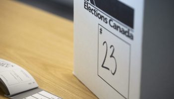 A ballot box and elections paraphernalia are pictured at Chief Electoral Officer of Canada, Stéphane Perrault’s office in Gatineau, Que.  on  April 1, 2025. The Hill Times photograph by Andrew Meade