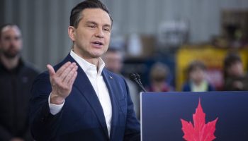 Conservative Party leader Pierre Poilievre makes an announcement on a campaign stop at the Tomlinson Environmental Services shop in Nepean, Ont. on  April 12, 2025. The Hill Times photograph by Andrew Meade