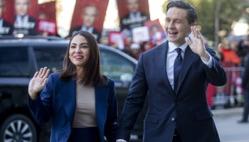 Conservative Party leader Pierre Poilievre and his wife Anaida Poilievre arrive for the Federal Leaders debate at The Maison de Radio-Canada in Montréal, Que. on  April 17, 2025.The Hill Times photograph by Andrew Meade