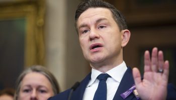 Conservative Party Leader Pierre Poilievre holds press conference in the House of Commons foyer on Oct. 28, 2025, to speak about Conservative MP Frank Caputo’s private members billC-225 to strengthen responses to intimate partner violence. The Hill Times photograph by Andrew Meade