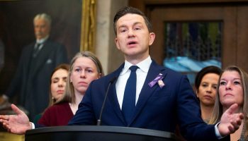 Conservative Party Leader Pierre Poilievre holds press conference in the House of Commons foyer on Oct. 28, 2025, to speak about Conservative MP Frank Caputo’s private members billC-225 to strengthen responses to intimate partner violence. The Hill Times photograph by Andrew Meade