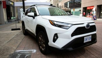 A Toyota RAV-4 hybrid is parked on display along Sparks Street as part of a showcase of the Canadian Zero-Emissions Vehicle supply chain on Sept. 27, 2023.