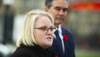 Minister of Veterans Affairs Jill McKnight speaks at the Royal Canadian Legion’s Poppy flag raising on Parliament Hill on  Oct. 31, 2025. The Hill Times photograph by Andrew Meade