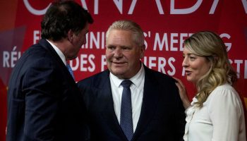 Doug Ford, Premier of Ontario, speaks with Minister of Public Safety, Democratic Institutions and Intergovernmental Affairs Dominic LeBlanc and Minister of Foreign Affairs Mélanie Joly after a press conference after the First Ministers Meeting in Ottawa on Jan. 15, 2025. The Hill Times photograph by Andrew Meade