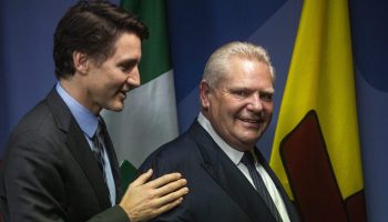 Doug Ford, Premier of Ontario, and Prime Minister Justin Trudeau leave a press conference after the First Ministers Meeting in Ottawa on Jan. 15, 2025. The Hill Times photograph by Andrew Meade
