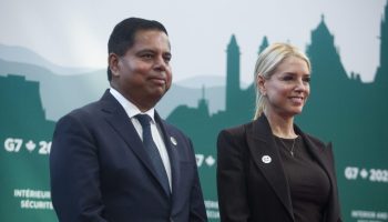 Minister of Public Safety Gary Anandasangaree greets United States Attorney General Pamela Bondi the G7 Interior and Security Ministers’ Meeting in Ottawa on Nov. 22, 2025. The Hill Times photograph by Andrew Meade