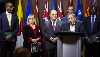 International Chair of the Raoul Wallenberg Centre for Human Rights Irwin Cotler holds a press conference  in West Block on Nov. 25, 2025, calling on the government to take action in response to the genocide in Sudan. The Hill Times photograph by Andrew Meade