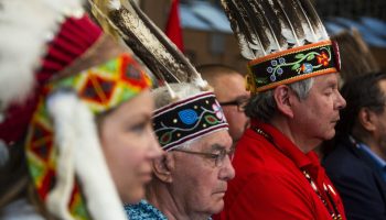 A number of Chiefs of Ontario stand during a press conference held by in West Block on June 17, 2025, to voice their opposition to Bill C-5 without fulfilling its constitutional obligations to Indigenous peoples. The Hill Times photograph by Andrew Meade
