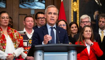 Prime Minister Mark Carney holds a press conference in West Block on  June 20, 2025, after the passage of Bill C-5. The Hill Times photograph by Andrew Meade
