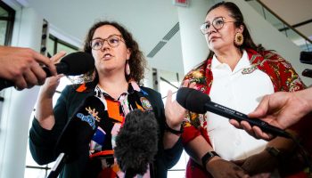 Minister of Crown-Indigenous Relations Rebecca Alty and Minister of Indigenous Services Mandy Gull-Masty scrum with reporters after the Prime Minister’s First Nations summit on Bill C-5 in Gatineau, Que. on July 17, 2025. The Hill Times photograph by Andrew Meade