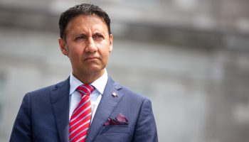 Minister of Justice Arif Virani speaks with reporters at Rideau Hall after a cabinet shuffle on July 26, 2023. The Hill Times photograph by Andrew Meade