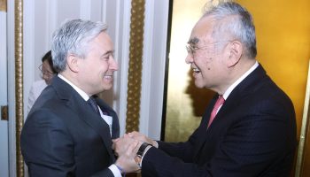 Finance Minister François-Philippe Champagne, left, and Japanese Ambassador Kanji Yamanouchi