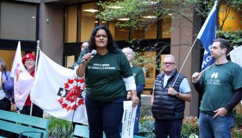 Sharon DeSousa, national president of PSAC speaks at a Sept. 9 rally for remote work rights. Rally for remote work rights, September 9, 2024 at 365 Laurier St West, Ottawa. Sharon DeSousa, National President, PSAC
The Hill Times photograph by Sam Garcia