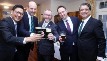 Former Irish Ambassador Eamonn McKee, middle, toasts to St. Patrick on March 20, 2024 at the personal residence, alongside the Ambassadors of Indonesia, Lithuania, Belgium, and Pakistan at last year's St. Patrick's Day reception. The Hill Times photograph by Sam Garcia