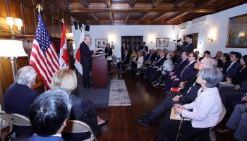 Japanese Ambassador Kanji Yamanouchi addresses guest gathered for a reception following the Japan-Canada-U.S. Partnership Through Culture and Diplomacy panel discussion at the official residence on Oct. 23.