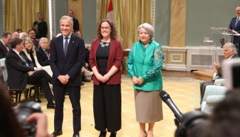 Mark Carney, Rebecca Alty, and Mary Simon at the May 13, 2025 cabinet ceremony. The Hill Times photograph by Sam Garcia