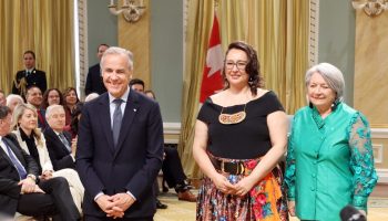 Prime Minister Mark Carney, Indigenous Services Minister Mandy Gull-Masty, and Governor General Mary Simon at the May 13, 2025 cabinet ceremony. The Hill Times photograph by Sam Garcia
