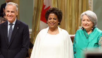 Prime Minister Mark Carney, Health Minister Marjorie Michel and Governor General Mary Simon seen at the swearing in of cabinet at Rideau Hall on May 13, 2025. Photograph by Sam Garcia for The Hill Times.
