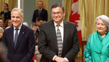 Prime Minister Mark Carney, Buckley Belanger, Secretary of State, Rural Development, and Governor General Mary Simon. New Cabinet, swearing in ceremony. May 13, 2025 at Rideau Hall. The Hill Times photograph by Sam Garcia