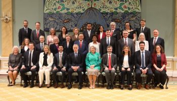 Prime Minister Mark Carney, front centre, poses for a photo with Governor General Mary Simon and the members of his core cabinet and team of ministers of state at Rideau Hall on May 13. The Hill Times photograph by Sam Garcia
