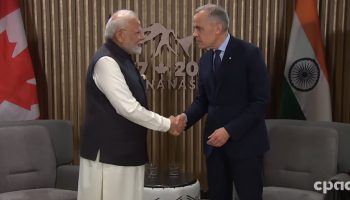 Indian Prime Minister Narendra Modi, left, and Prime Minister Mark Carney meet alongside the G7 Leaders’ Summit in Kananaskis, Alta., on June 17. Screenshot courtesy of CPAC