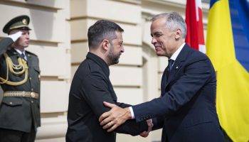 Ukraine President Volodymyr Zelenskyy greets Prime Minister Mark Carney on Aug. 24. 2025, while Carney was visiting Ukraine. Photograph courtesy of Zelenskyy's X account.