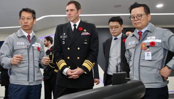 Royal Navy Commander Vice-Admiral Angus Topshee viewing KSS-III submarines visit to South Korean shipyards.