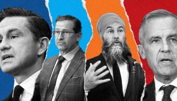 Conservative Leader Pierre Poilievre, left, Bloc Québécois Leader Yves-François Blanchet, NDP Leader Jagmeet Singh, and Prime Minister Mark Carney.

The Hill Times photographs by Andrew Meade and illustration by Naomi Wildeboer