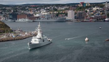Iroquois-class destroyer HMCS Athabaskan leaves St. John's, N.L., on Sept. 26, 2016. Canadian Armed Forces photograph by Cpl. Neil Clarkson, 14 Wing Imaging, Greenwood, N.S.