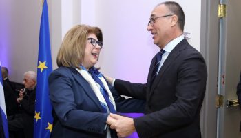 Greek Ambassador Ekaterini Dimakis, left, welcomes Serbian Ambassador Dejan Ralevic to the Greece national day reception at the Hellenic Event Centre on March 25. The Hill Times photograph by Sam Garcia