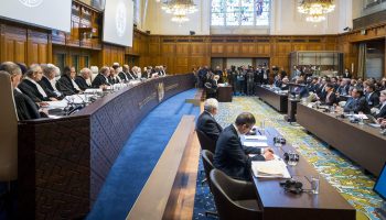 View of Great Hall of Justice, the ICJ courtroom, on 10 December 2019, the opening day of the hearings in the case concerning the Application of the Convention on the Prevention and Punishment of the Crime of Genocide (The Gambia v. Myanmar) UN Photo/CIJ-ICJ/Frank van Beek courtesy of the ICJ