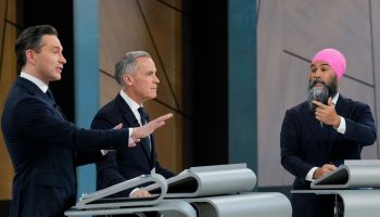 ONE TIME USE
Conservative Leader Pierre Poilievre, Prime Minister Mark Carney, and NDP Leader Jagmeet Singh spar on the debate stage at the English-language debate on April 17. Pool photograph by Christopher Katsarov/The Canadian Press