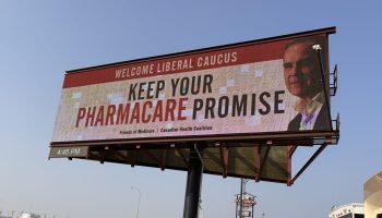 A billboard sponsored by the Canadian Health Coalition on Sept. 8 2025 urging Prime Minister Mark Carney to continue with pharmacare agreements. Photograph courtesy of Canadian Health Coalition.
