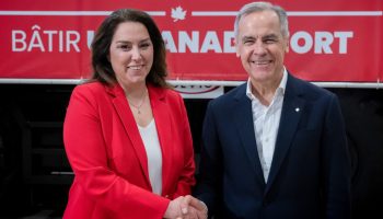 Prime Minister and Liberal leader Mark Carney during a campaign event at the International Union if Operating Engineers Local 793 Trains centre on Day 14 of the federal election, in Oakville, Ontario on April 4, 2025.