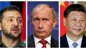 Ukrainian President Volodymyr Zelenskyy, left, Russian President Vladimir Putin, and Chinese President Xi Jinping. The Hill Times photograph by Andrew Meade, and photographs courtesy of Flickr/World Economic Forum and Wikimedia Commons
