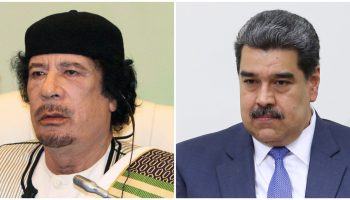 Former Libyan leader Moammar Gadhafi and deposed Venezuelan president Nicolás Maduro. Photographs courtesy of the European Union and Wikimedia Commons