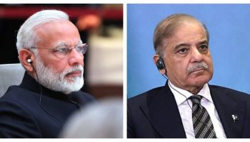 Prime Minister Narendra Modi, left, and Pakistan Prime Minister Shehbaz Sharif. The relationship between the two countries is fundamentally unstable because Pakistan has only one-sixth of India’s population and one-tenth of its wealth, writes Gwynne Dyer. Photographs courtesy of Wikimedia Commons