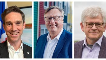 Newfoundland and Labrador Liberal Premier John Hogan, left, Progressive Conservative Leader Tony Wakeham, and NDP Leader Jim Dinn. Photographs courtesy of Facebook and Wikimedia Commons