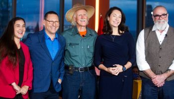 New Democratic Party Leadership Candidates Tanille Johnston, Avi Lewis, Tony McQuail, Heather McPherson, Rob Ashton take a photo before a forum hosted by the Canadian Labour Congress in Ottawa on Oct. 22, 2025.The Hill Times photograph by Andrew Meade