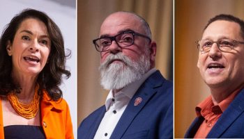 NDP leadership candidates Heather McPherson, left, Rob Ashton, and Avi Lewis addressed the Douglas Caldwell Layton foundation gala as part of a panel on Oct. 28.