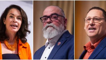 NDP leadership candidates Heather McPherson, left, Rob Ashton, and Avi Lewis addressed the Douglas Caldwell Layton foundation gala as part of a panel on Oct. 28.