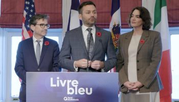 Parti Québécois Leader Paul St-Pierre Plamondon, centre, and MNAs Catherine Gentilcore, right, and Pascal Paradis launched their party’s Blue Book on Nov. 6. Screenshot courtesy of YouTube/ Paul St-Pierre Plamondon and Parti Québécois
