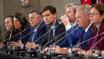 Northwest Territoires Premier Caroline Cochrane, left, Alberta Premier Danielle Smith, Prince Edward Island Premier Dennis King, British Columbia Premier David Eby, Nova Scotia Premier Tim Houston, Ontario Premier Doug Ford, and Manitoba Premier Heather Stefanson were in Ottawa on Feb. 7 to meet with Prime Minister Justin Trudeau.