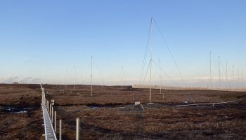 Maerospace’s high-frequency surface wave radar site at Cape Race, N.L., showing the transmit array on the right and the dispersed receive antennas on the left. Photograph courtesy of Maerospace